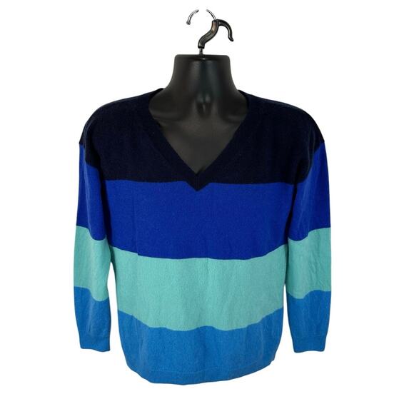 Talbots 100% Cashmere Sweater Size Large Striped Blue V Neck Office Casual - Picture 1 of 9